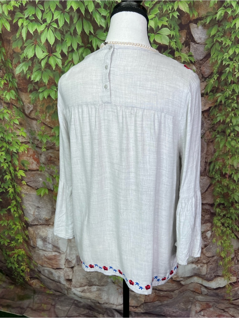 FALMER HERITAGE Pale Gray Embroidered Bohemian Peasant Blouse, UK 12/ US 8 - Picture 10 of 14